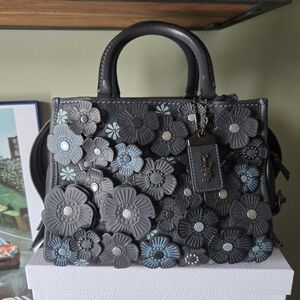 Coach Tea Rose Appliqué Leather Satchel in Black/Blue Rogue 25